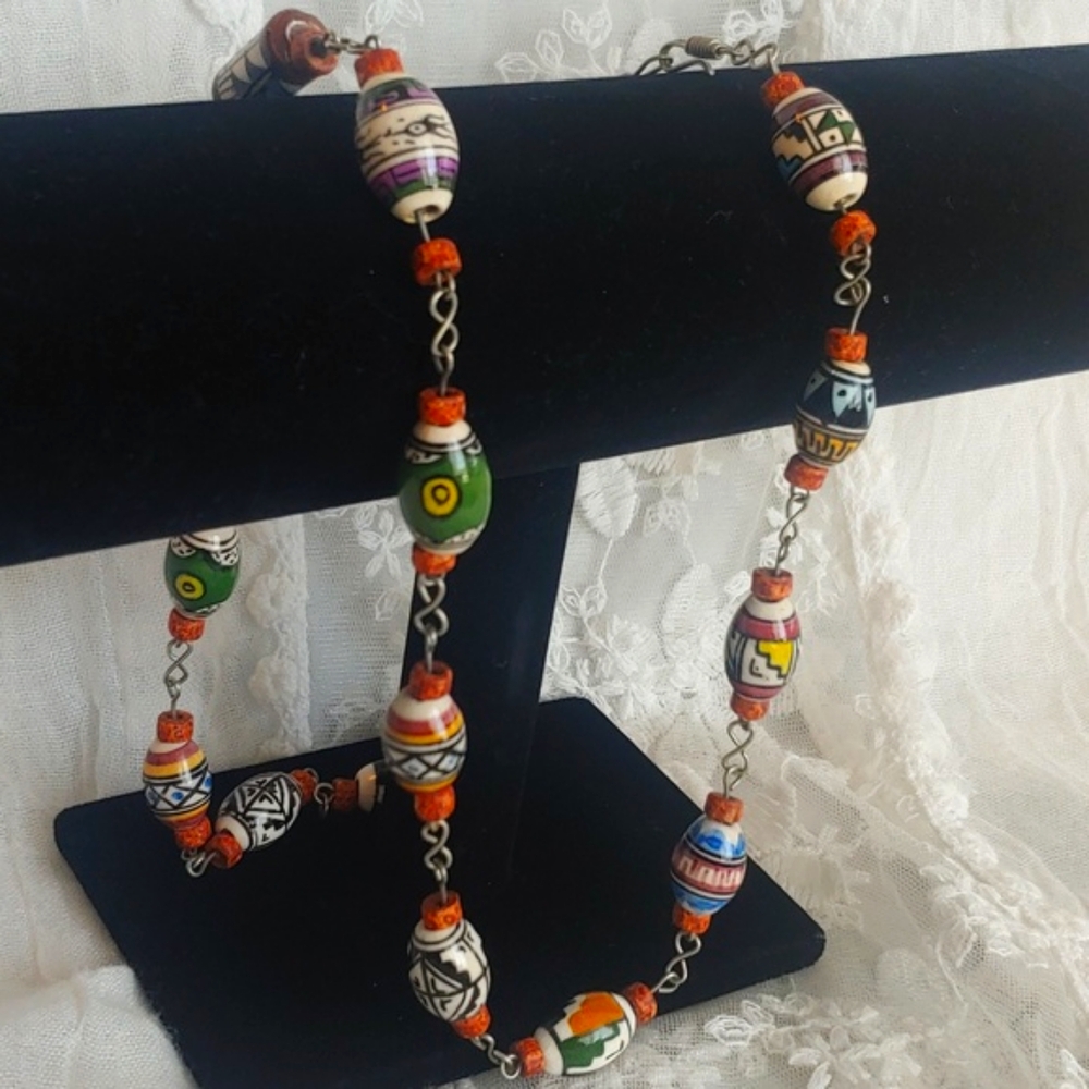 Colombian Hand Painted Clay Bead Necklace - Picture 10 of 13